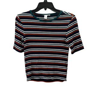 Forever 21 Striped Crop Baby Tee Knit Top size S Green Blue Rust Stretchy Ribbed